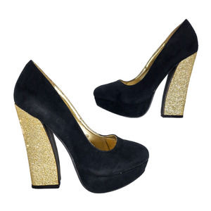 Forever 21 Black Gold Glitter High Chunky Block Prom Cocktail Party Heels Sz 6